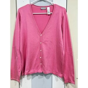 Liz Claiborne Collection Women's L Pink Fine-Knit V-Neck Button Cardigan Sweater
